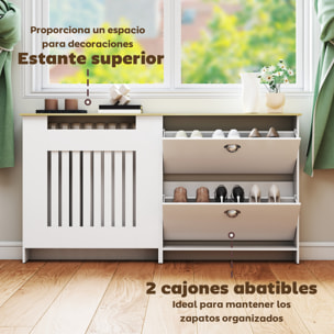 Cubre Radiadores con Zapatero, Cubreradiador de MDF, 152x19x81 cm, Cubierta para Radiador con 2 Cajones Abatibles, Diseño Moderno de Listones, para Salón, Dormitorio, Blanco