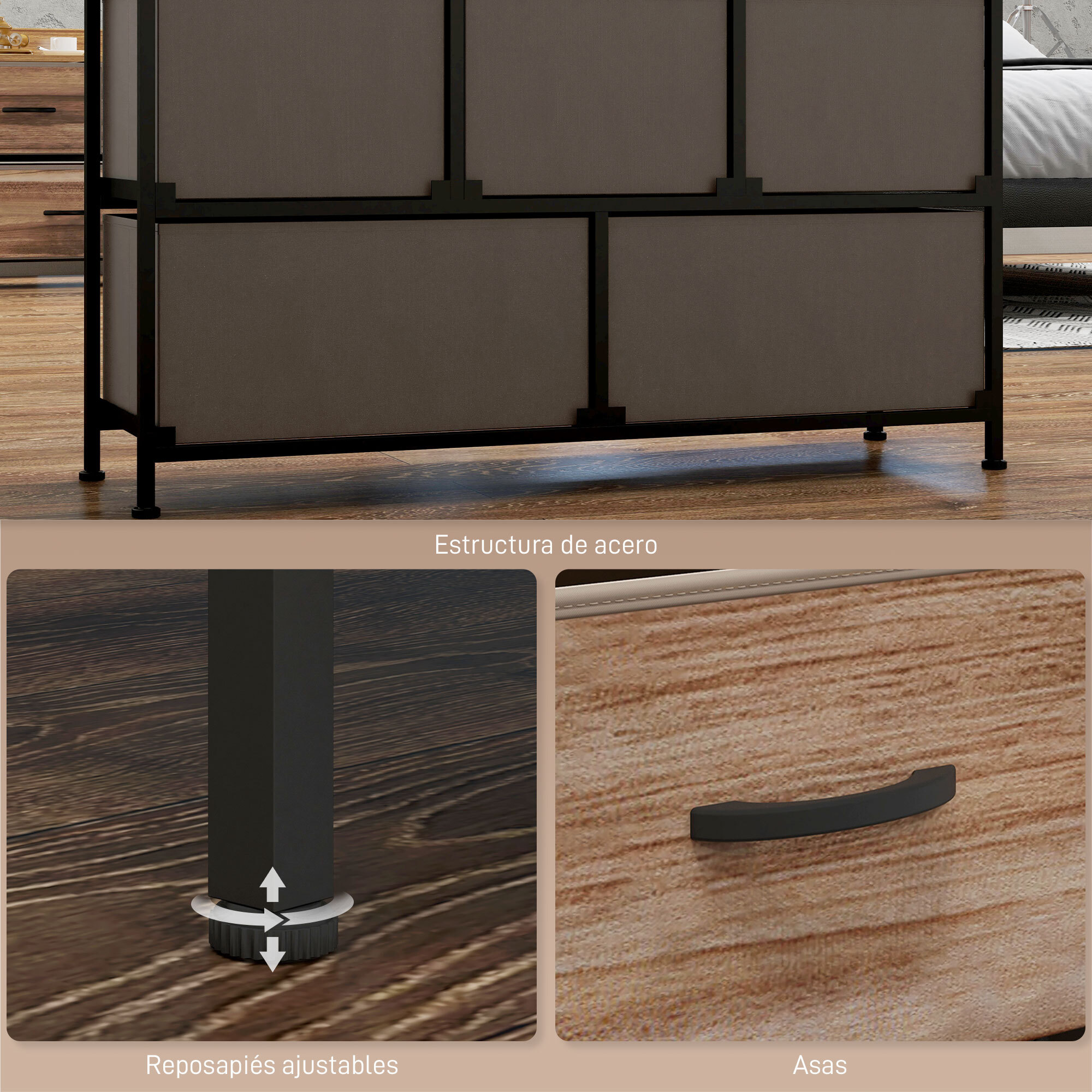 Mueble Organizador Cajonera de Tela con 5 Cajones y Marco Metálico Estilo Industrial para Salón Recibidor Dormitorio 98x29x63 cm Roble