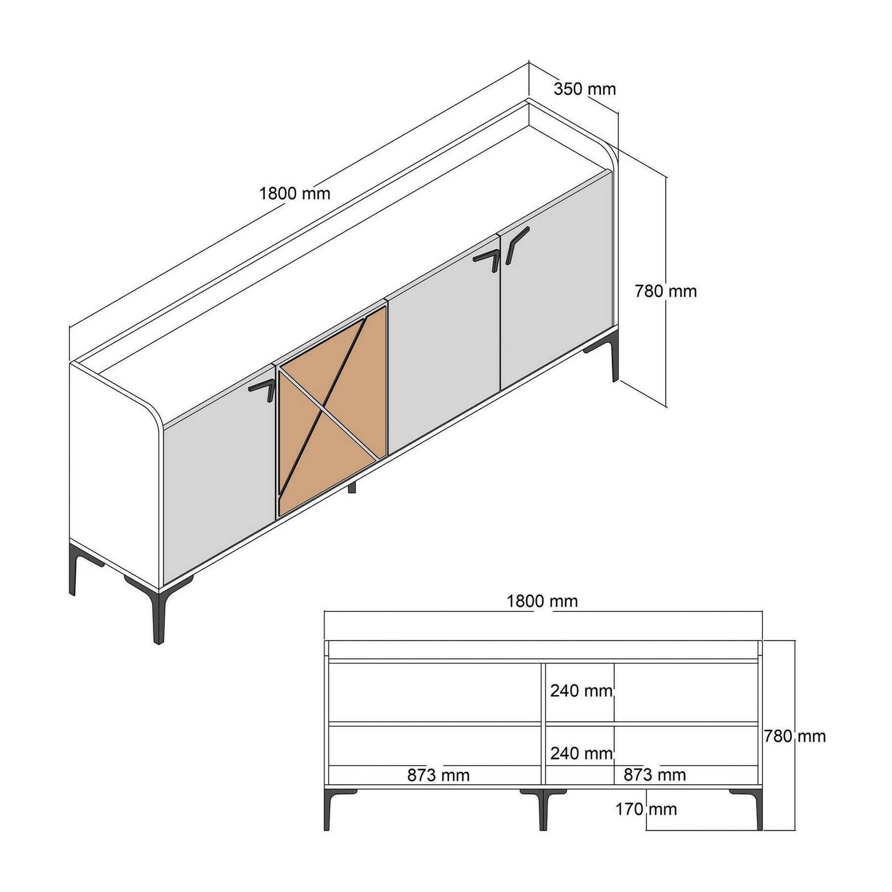 Credenza Dilici, Buffet da soggiorno, Madia da salotto, Dispensa da cucina, 180x35h78 cm, Noce e Antracite