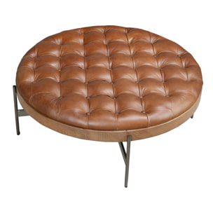 Mesa centro Angel Cerdá redonda en madera chapada en nogal natural y una tapa de piel en marrón oscuro 100x100x40cm