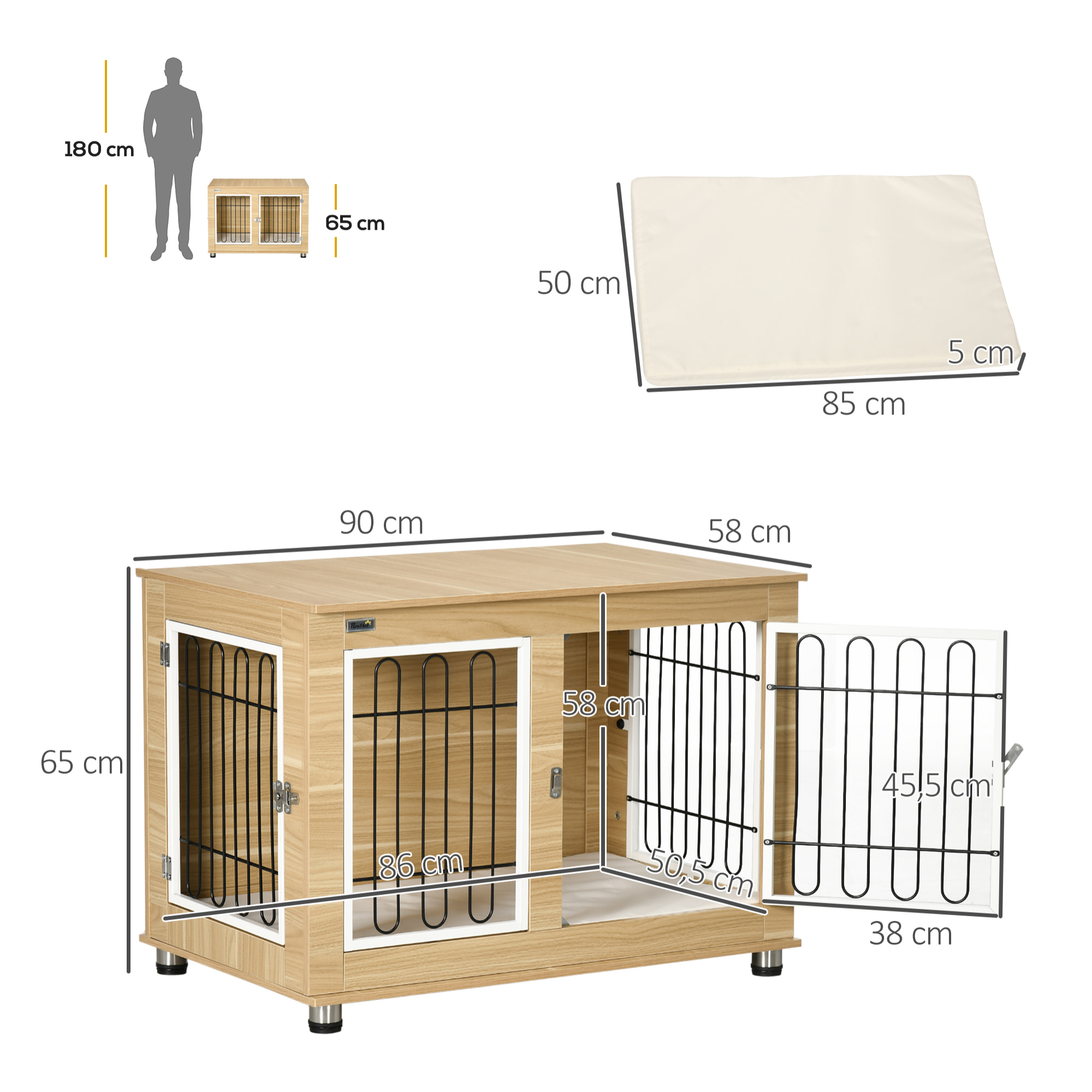 Cage pour chien sur pied - 2 portes verrouillables, coussin déhoussable inclus - acier filaire noir panneaux aspect bois clair