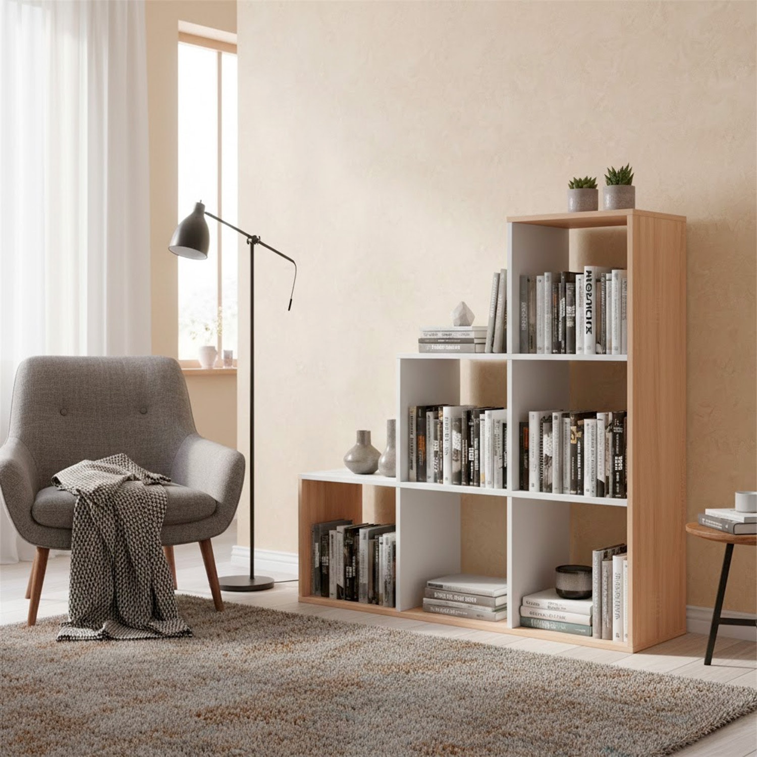 Libreria Con Vani Scaffale Salvaspazio Mobile Da Parete Con 6 Vani E 4 Ripiani Design Moderno Soggiorno Studio 110 x 108 x 29 Cm Bianco e Rovere