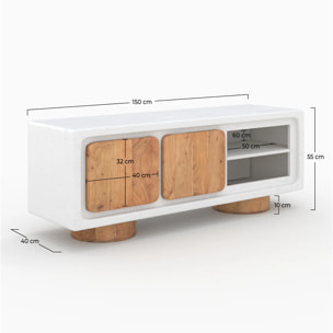 Meuble TV en béton blanc cassé et bois d'acacia 150 cm - Eden