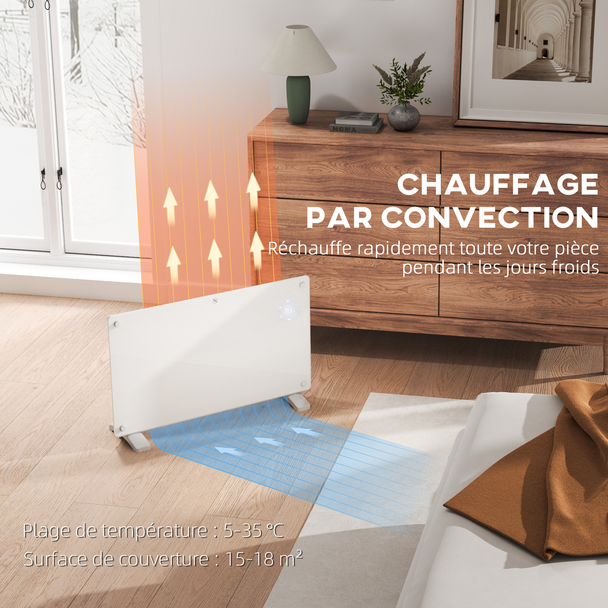 Radiateur à convection 1500W mural autoportant - affichage LED, timer 24h, thermostat, télécommande - verre blanc
