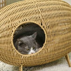 Panier pour chat en résine tressée imitation rotin grand confort dim. 55L x 36l x 42H cm coussin moelleux beige inclus