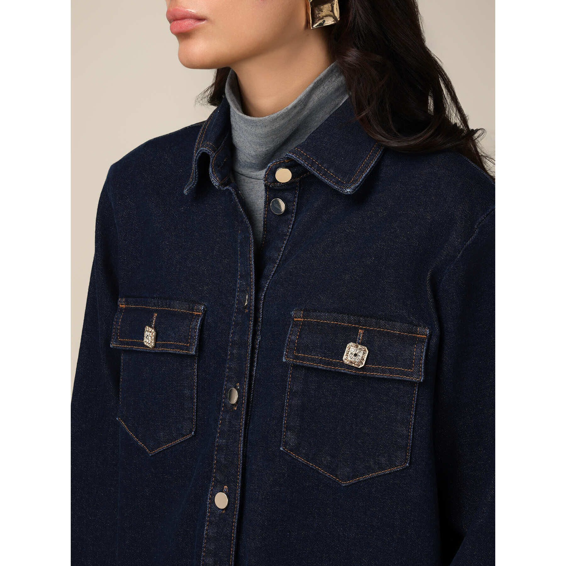 Oltre - Camicia in denim con bottoni gioiello - Blu