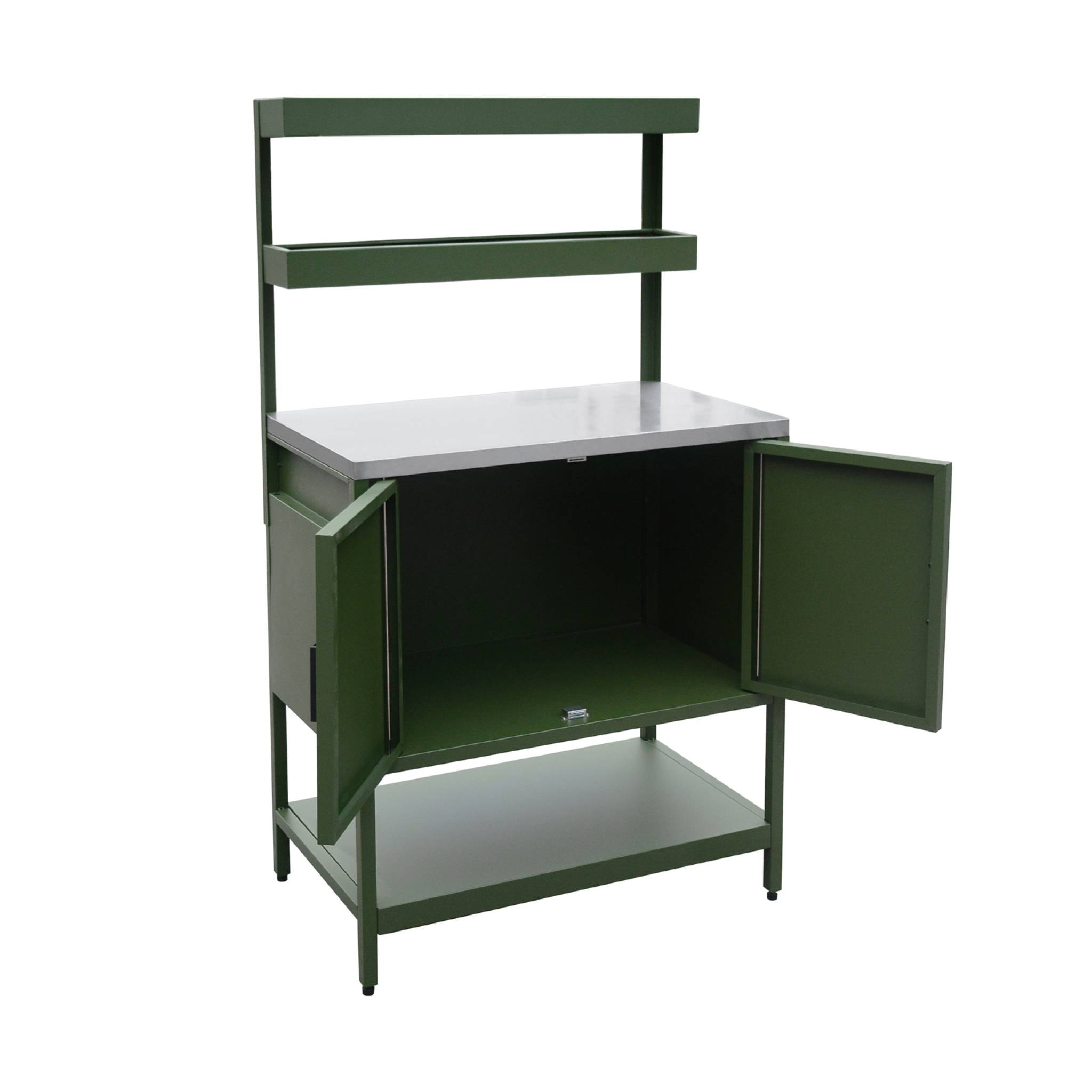Cuisine d'extérieure en acier vert avec 2 étagères suspendues et 2 portes L80cm