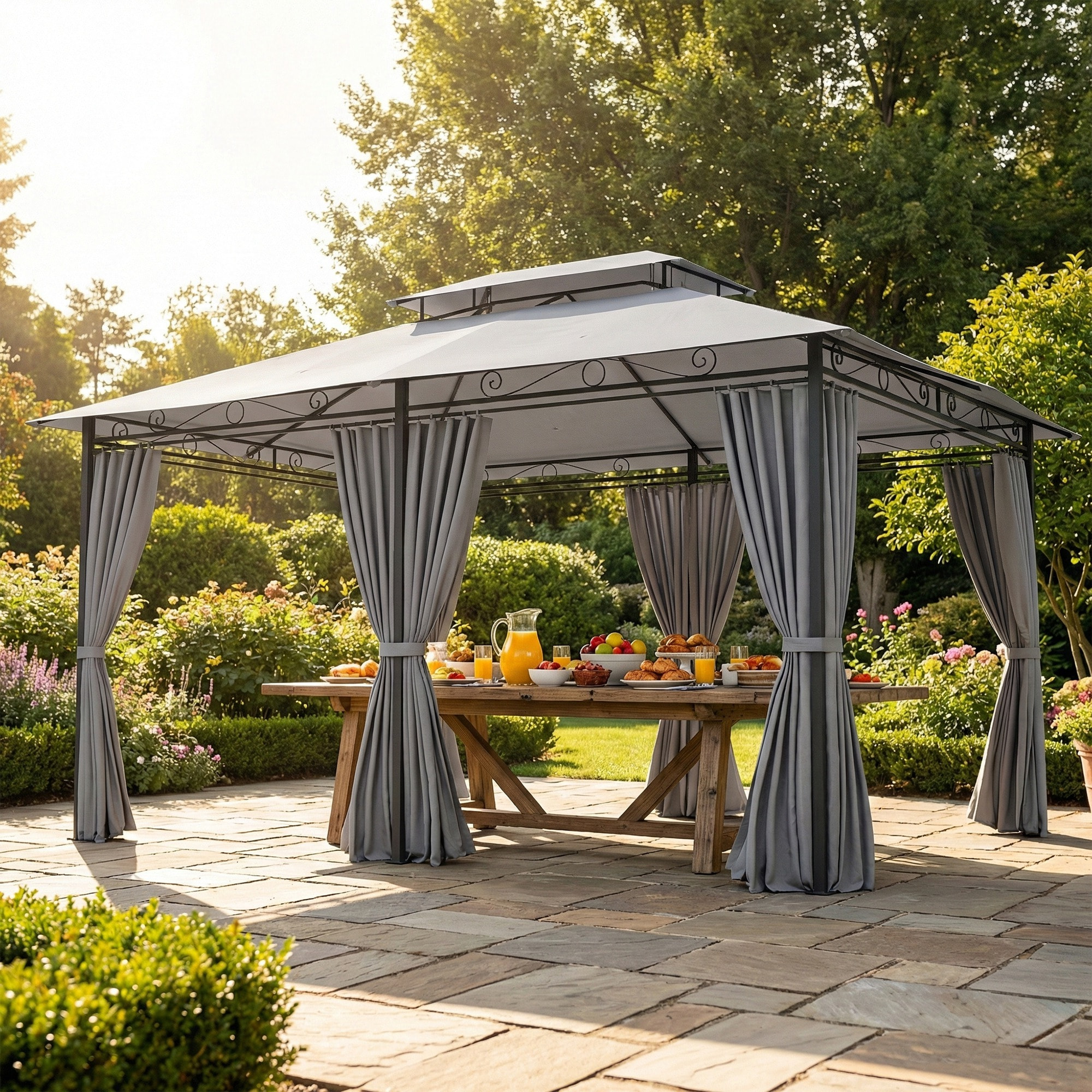 Cenador para Jardín 3x4 m, Pabellón de Jardín, Gazebo con Doble Techo, 6 Paredes Laterales, Estructura Metálica, Drenaje, Carpa para Exterior, Terraza, Patio, Gris Oscuro