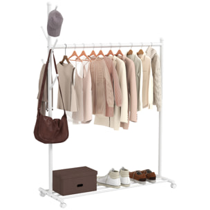 Burro Ropa con Ruedas, Perchero Burro Ropa con 5 Ganchos Barra para Colgar y Balda Inferior Perchero para Recibidor, Entrada, Dormitorio, 120x43x171 cm, Blanco