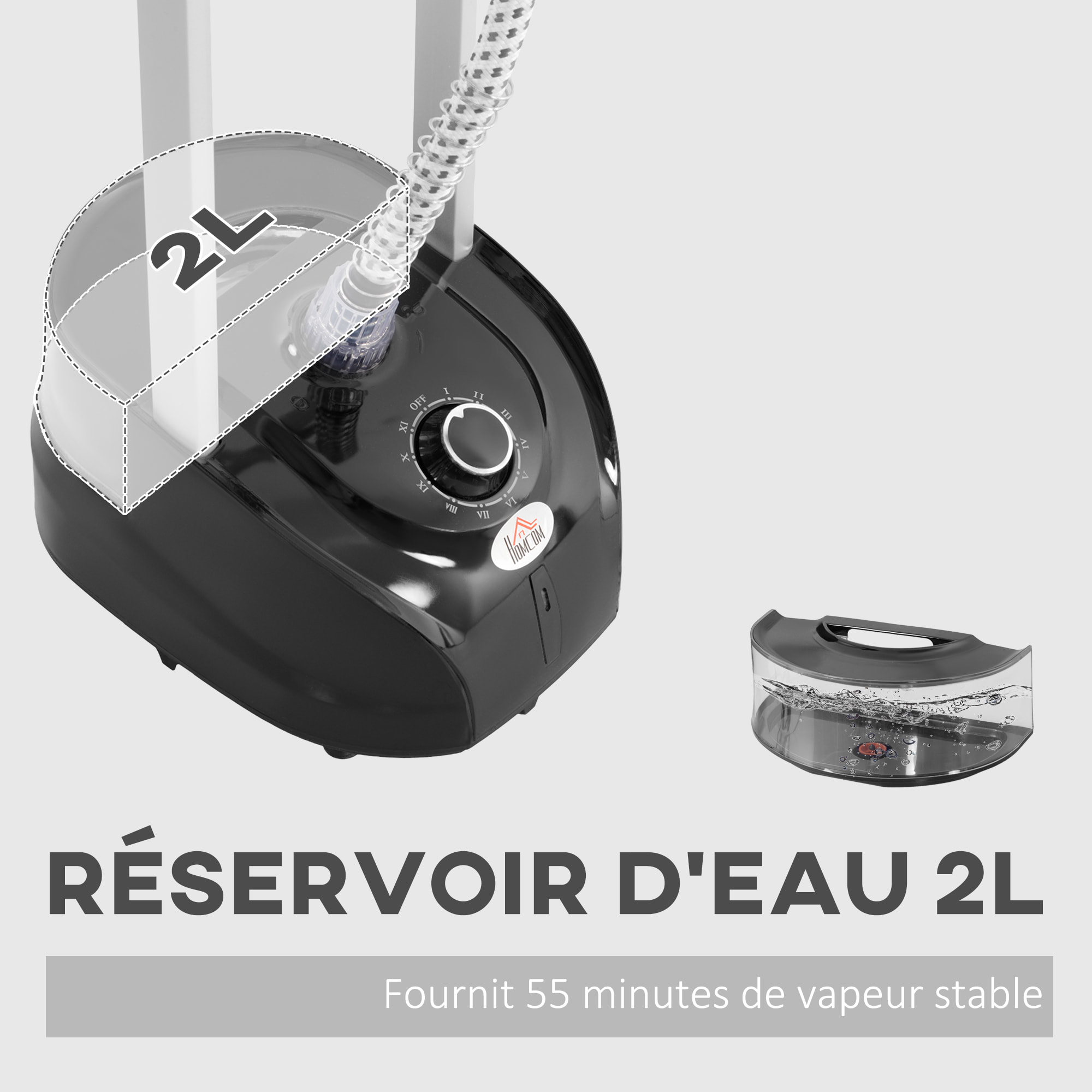 Défroisseur à vêtements 1950 W planche à repasser intégrée réservoir d'eau 2 L tige telescopique gant + cintre fournis noir