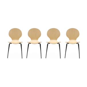 Lot de 4 chaises naturelles. rétro empilables. bois d'hévéa et contreplaqué. pieds en acier. Naomi. L 43 x P 48 x H 87cm