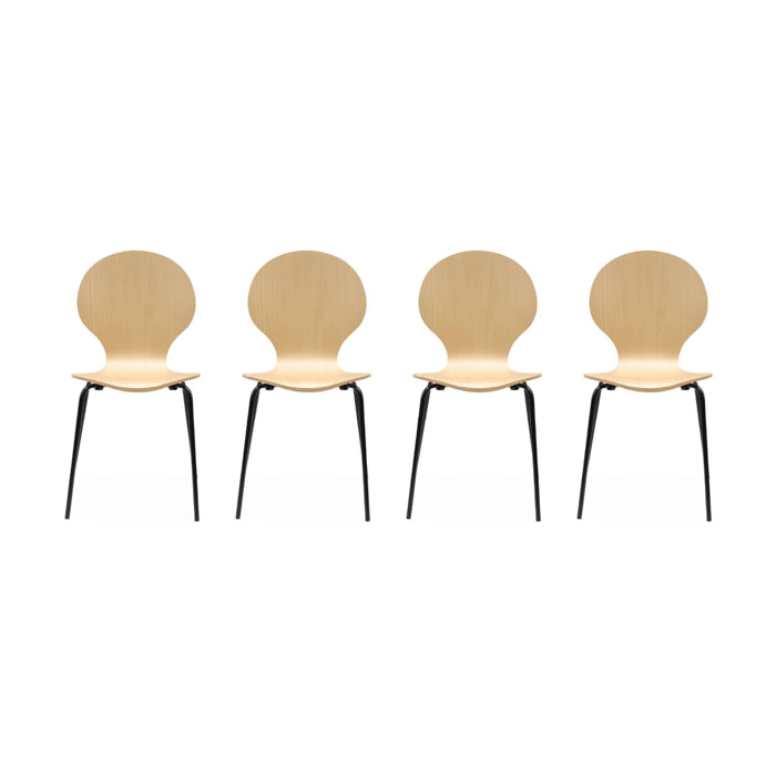 Lot de 4 chaises naturelles. rétro empilables. bois d'hévéa et contreplaqué. pieds en acier. Naomi. L 43 x P 48 x H 87cm
