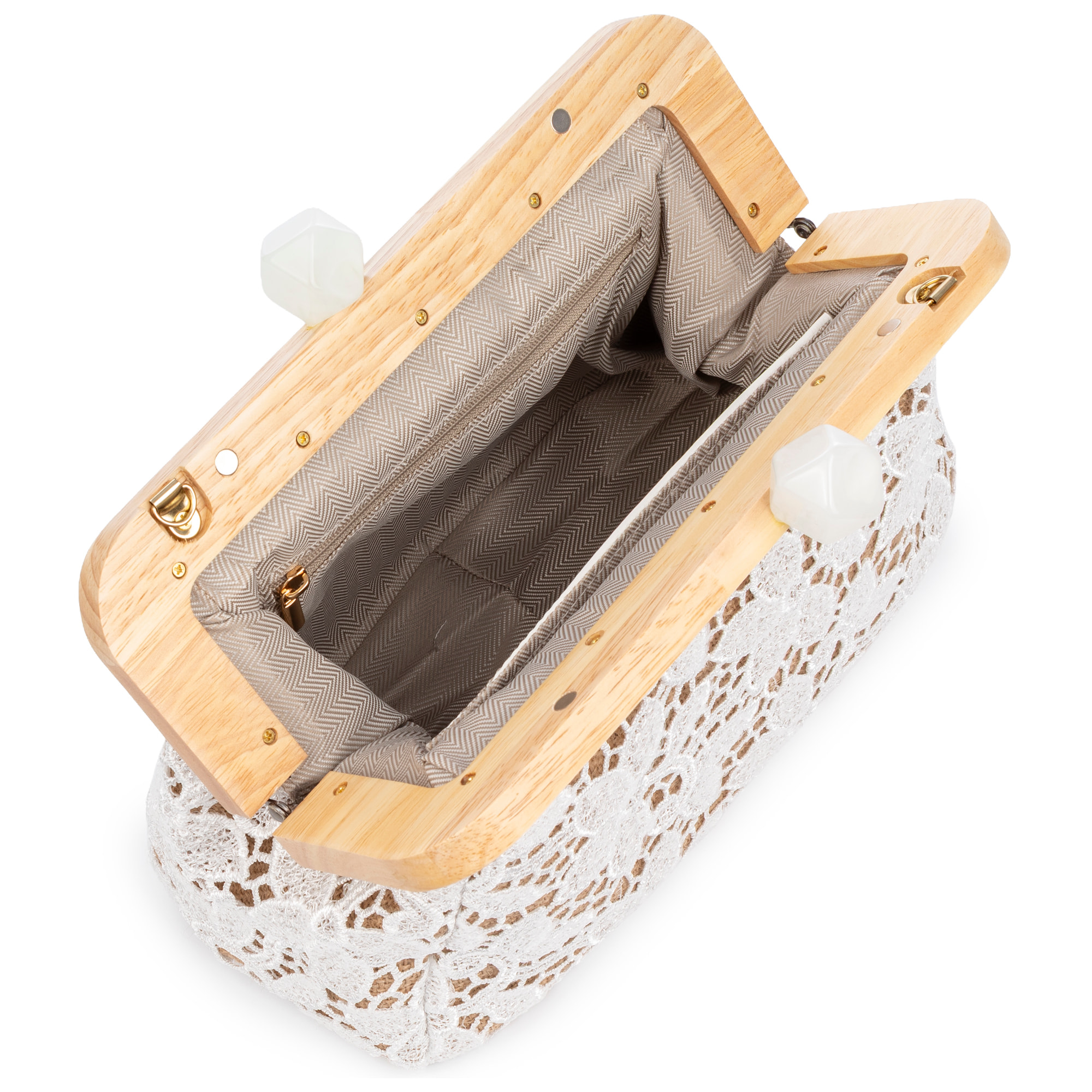 Borbera Borsa a tracolla Donna. Realizzato in legno naturale, cotone e juta con design in rete di tessuto floreale.