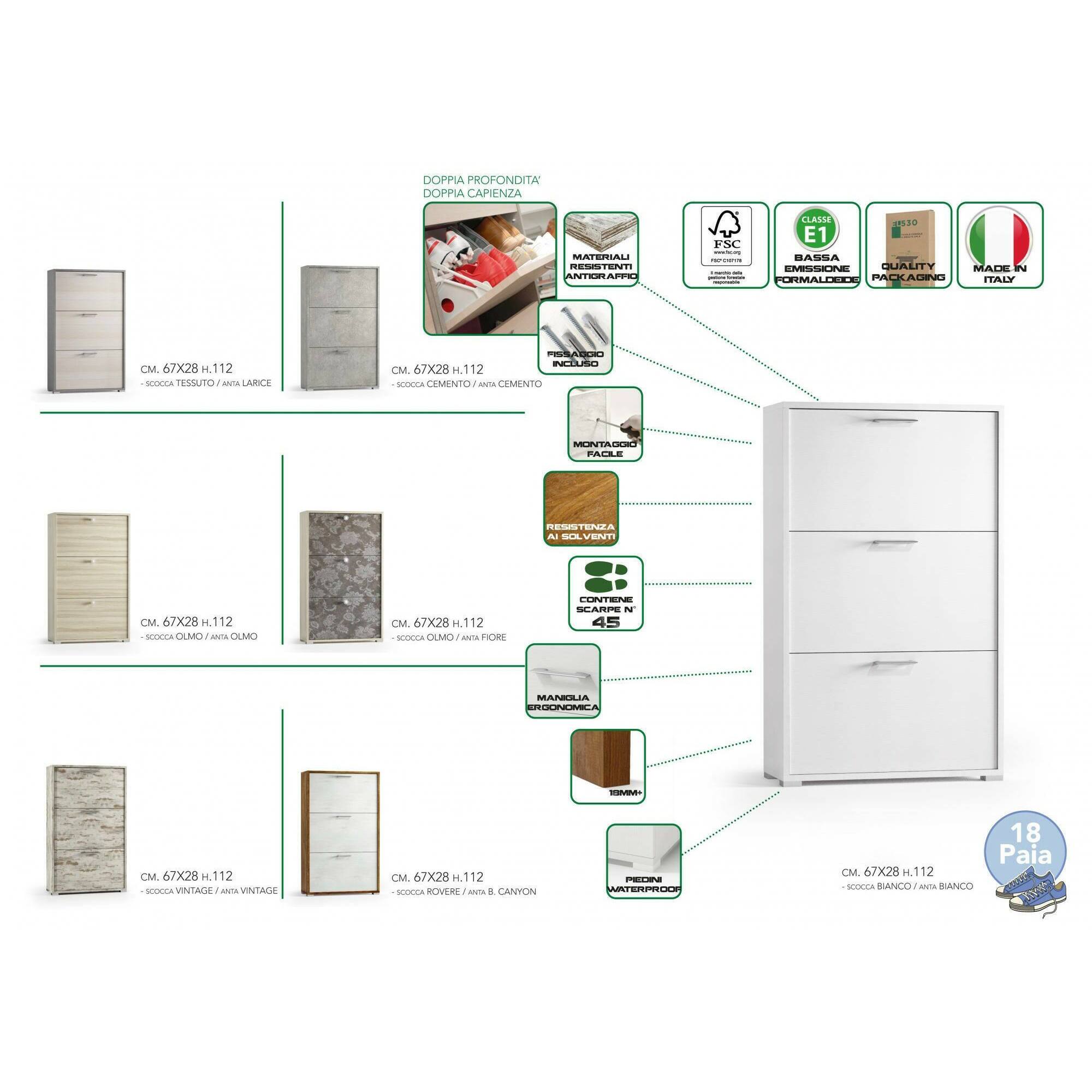 Scarpiera Axinite, Mobile multiuso da ingresso con 3 ante a ribalta, Armadietto portascarpe a doppia profondità, 100% Made in Italy, 67x28h112 cm, Bianco