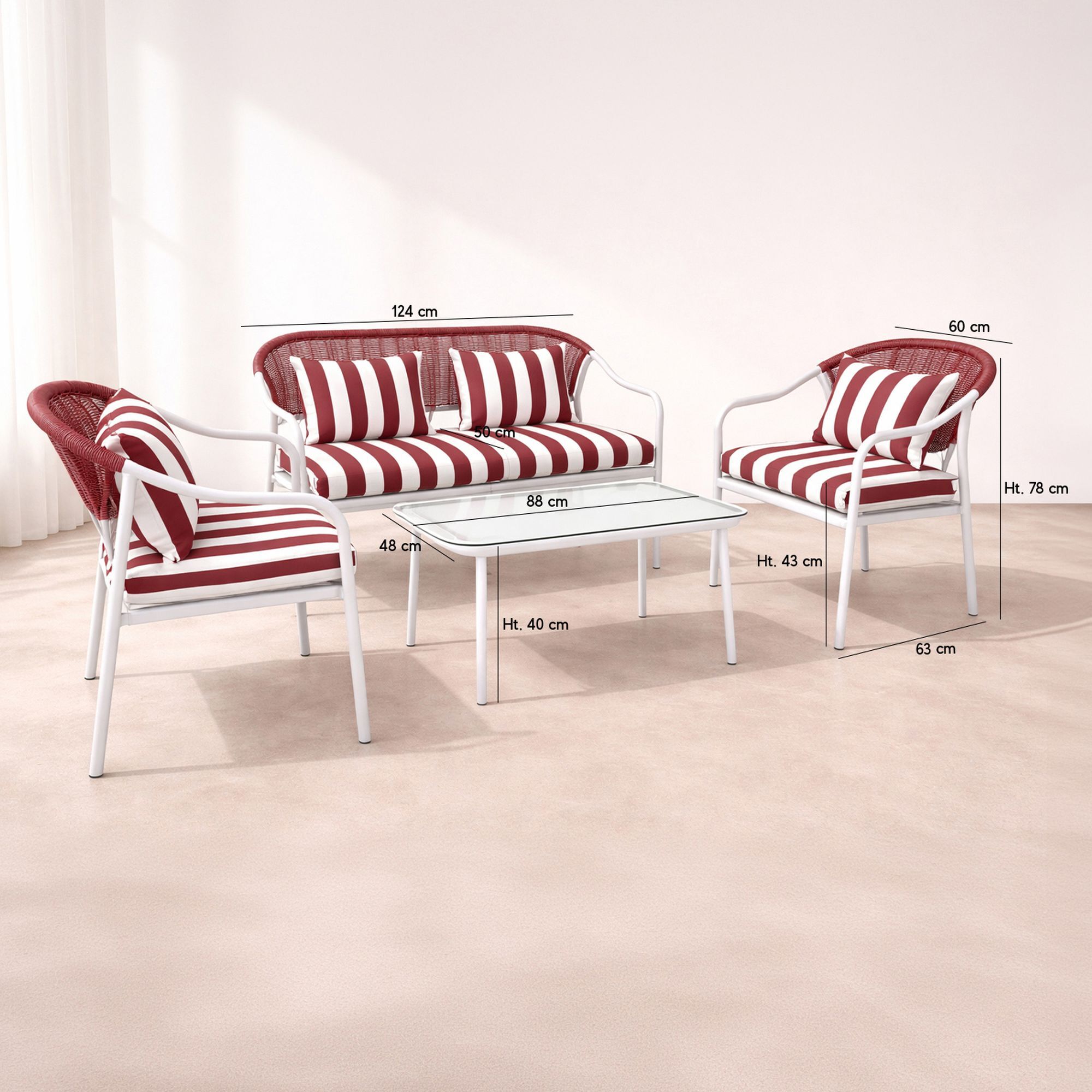 Salon de jardin 4 places en métal et coussin en tissu coquelicot POSITANO