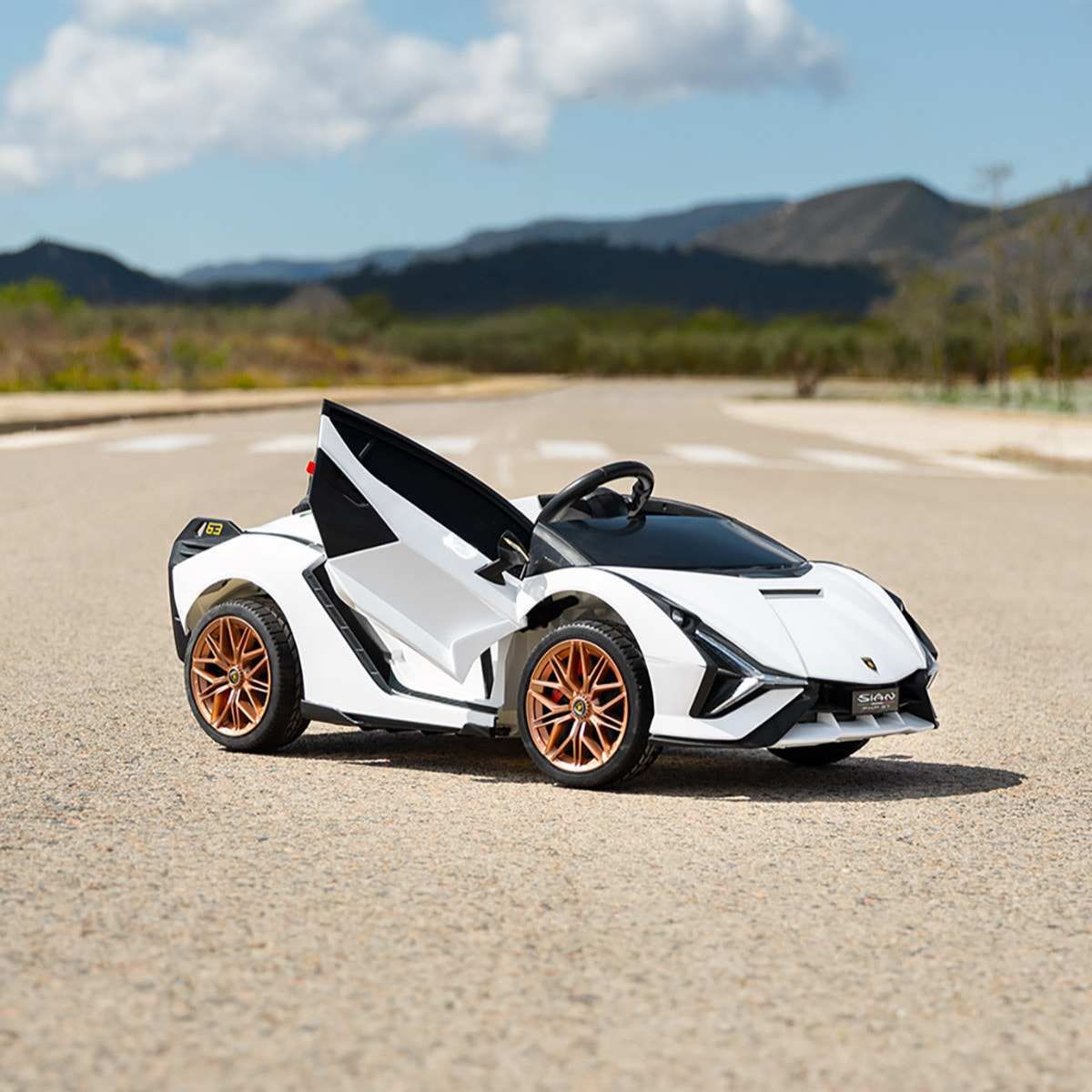 PLAYKIN Coche de batería 12V niños 3-8 años Lamborghini Sian White mando control remoto