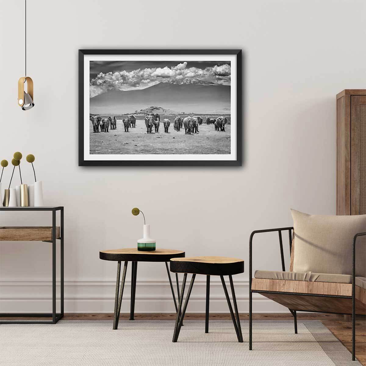 Affiche mysterieux voyage des éléphants Affiche + cadre en bois - Noir