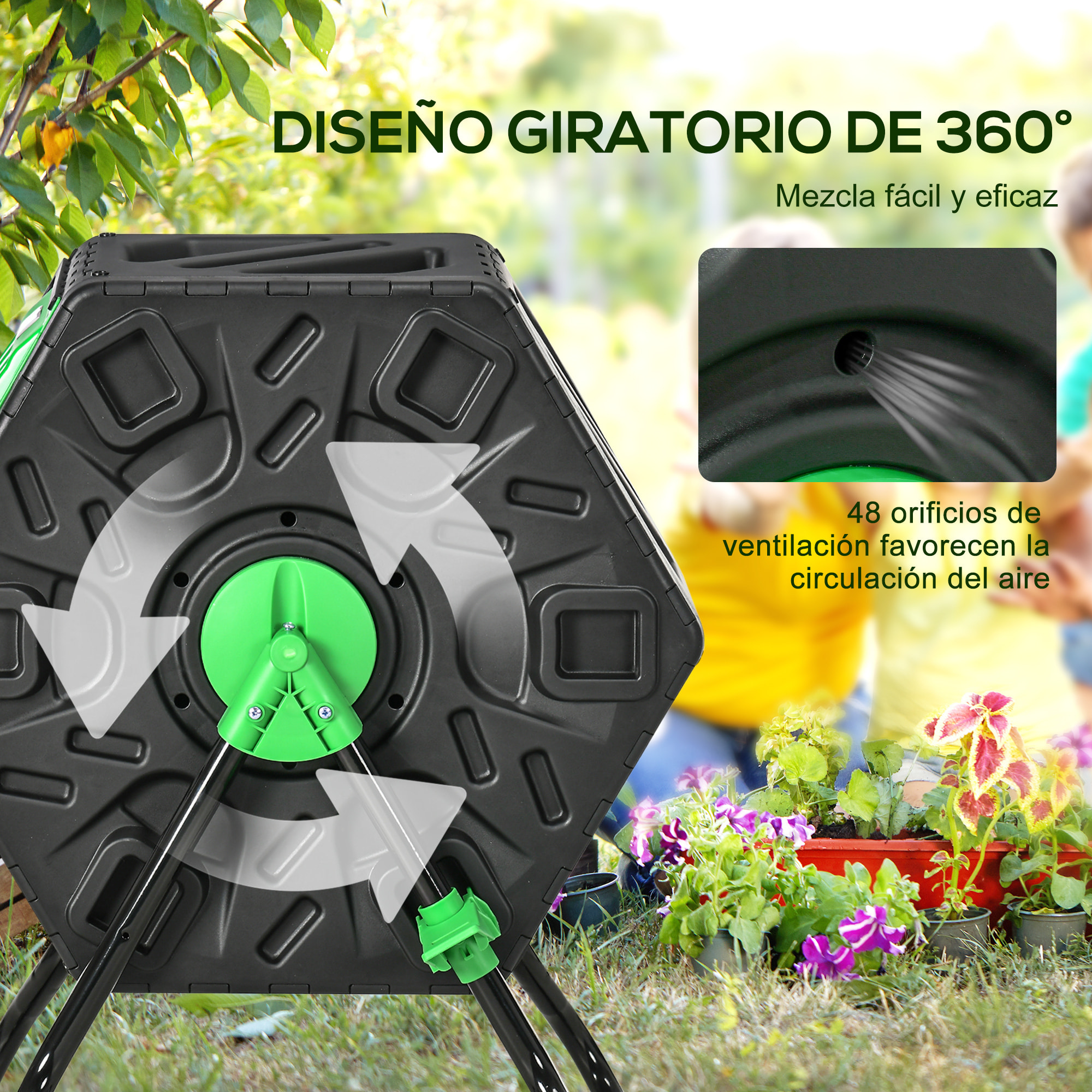 Compostador Giratorio de 65L Contenedor de Compostaje de Jardín de Doble Cámara Compostadora con Aberturas de Ventilación y Patas de Acero 60x49x77 cm Negro
