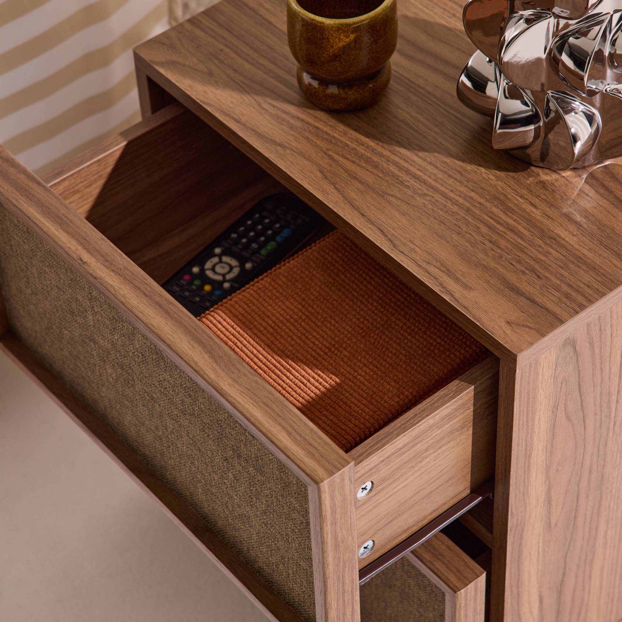 Table de chevet décor bois et tissu 2 tiroirs (lot de 2) KUBA