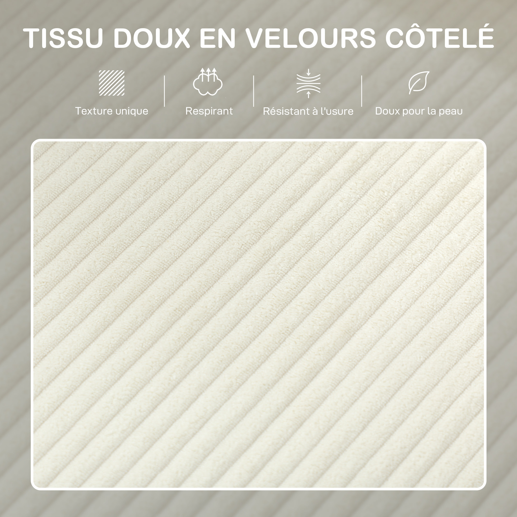 Canapé 3 places velours côtelé style nordique avec repose-pieds coffre coussins déhoussables beige clair