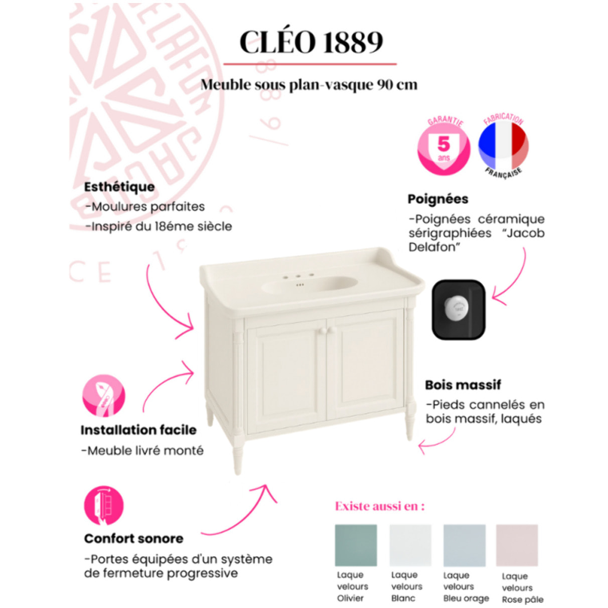 Pack meuble vasque 3 trous Cléo 1889 blanc velours + mélangeur croisillons or