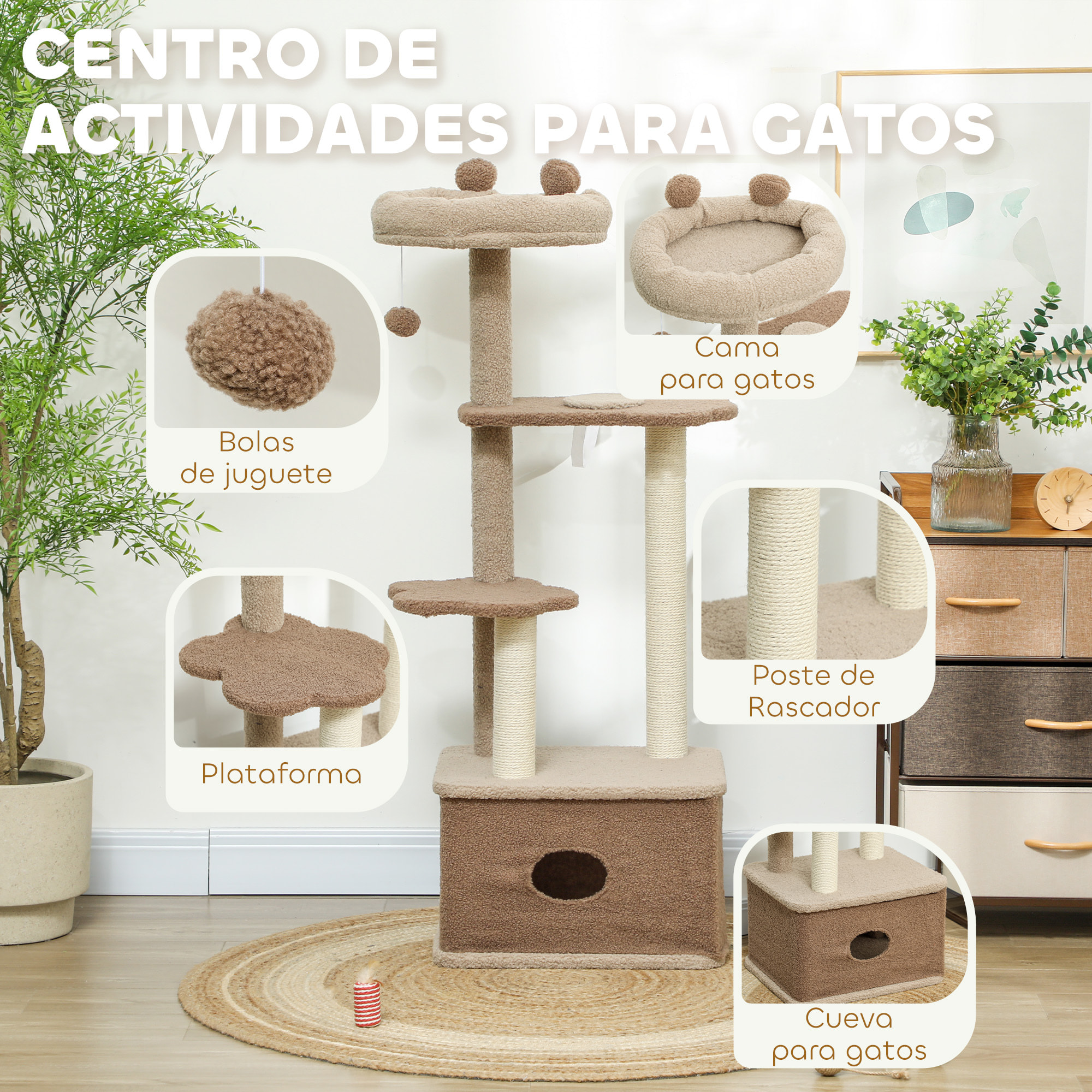 Árbol Rascador para Gatos Altura 133 cm Árbol para Gatos Torre para Gatos con Nido Plataformas Bola Colgante y Poste de Yute Café