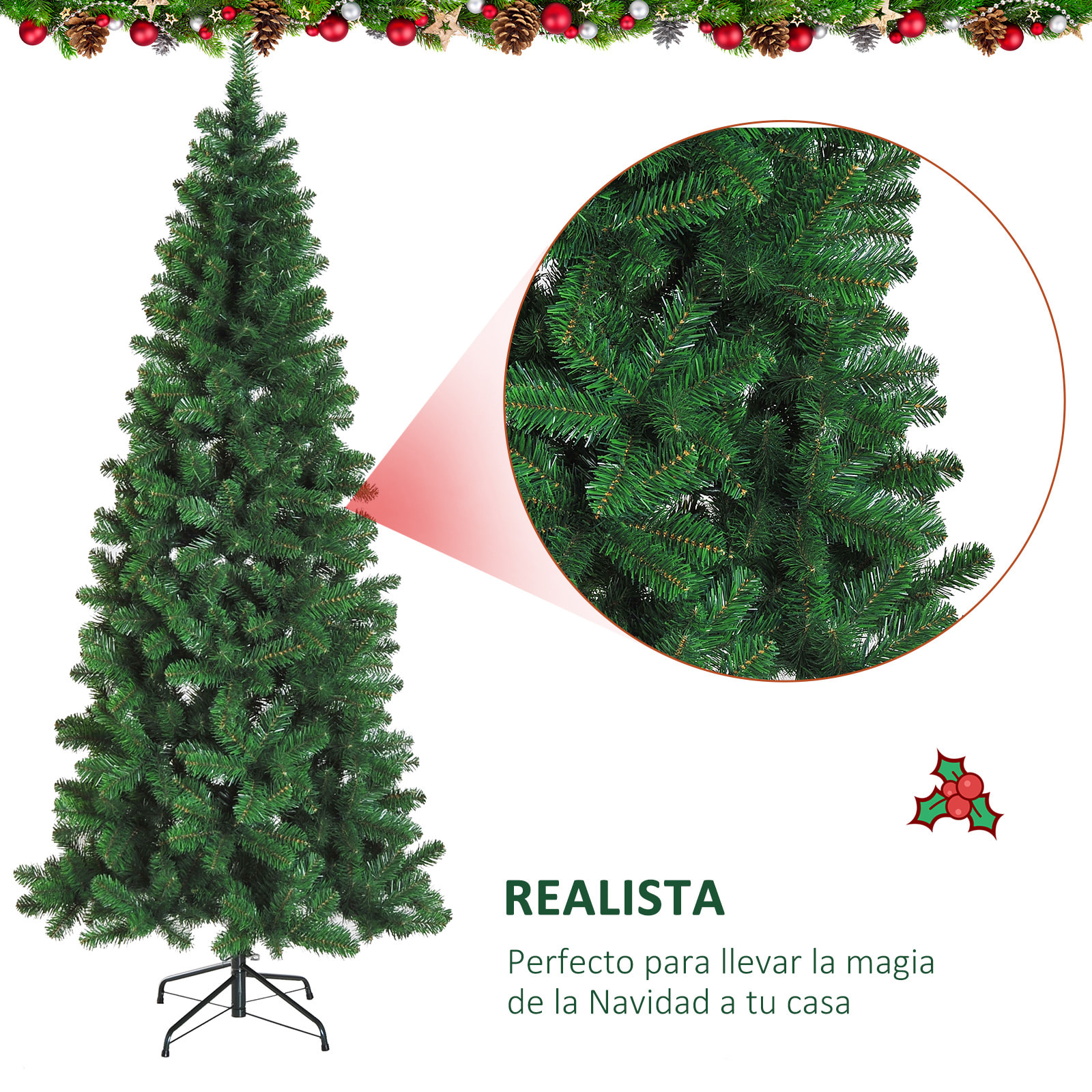 Árbol de Navidad Artificial 210 cm Ignífugo con 631 Puntas de Rama PVC y Soporte de Metal Decoración Navideña para Interiores Fácil de Montar Verde