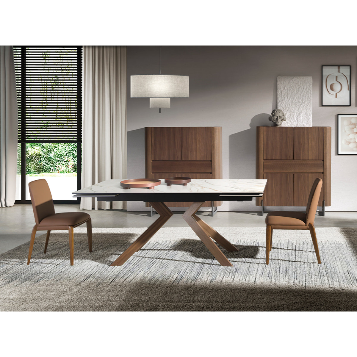 Mesa comedor extensible rectangular con tapa de mármol porcelánico blanco con vetas en tonos grises y marrones en mate 180x90x76cm