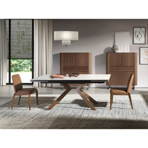 Mesa comedor extensible rectangular con tapa de mármol porcelánico blanco con vetas en tonos grises y marrones en mate 180x90x76cm