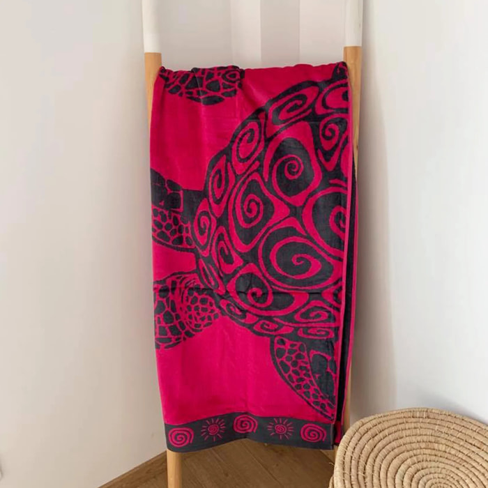 Serviette de plage éponge velours Jacquard - Fuchsia Turtle - 100x175cm - 470g/m²