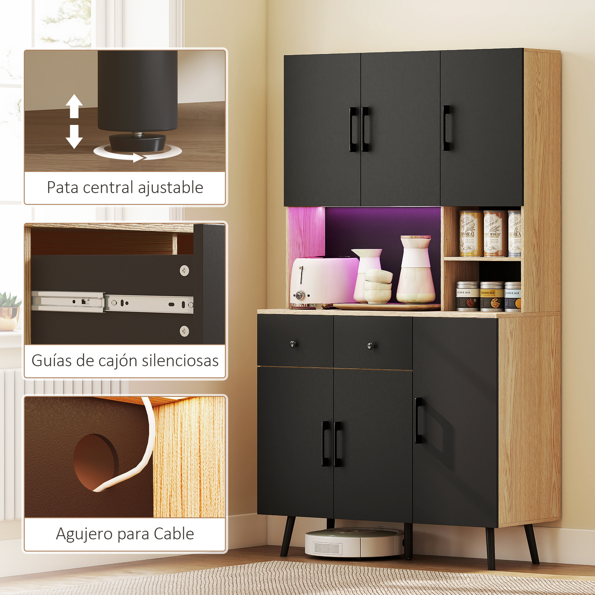 Alacena de Cocina Alta con Luces LED RGB Mueble Auxiliar de Cocina con 6 Puertas 2 Cajones Encimera y Orificio para Cables Estilo Moderno Negro y Roble 100x40x176 cm