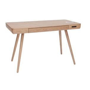 Bureau connecté multimédia  avec tiroir bois clair massif L120 cm CLEVER