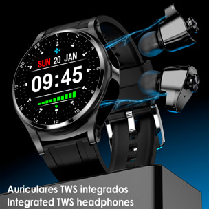 Smartwatch GT66 multideporte, misurazioni della pressione e O2 nel sangue, con auricolari TWS 5.1 integrati.