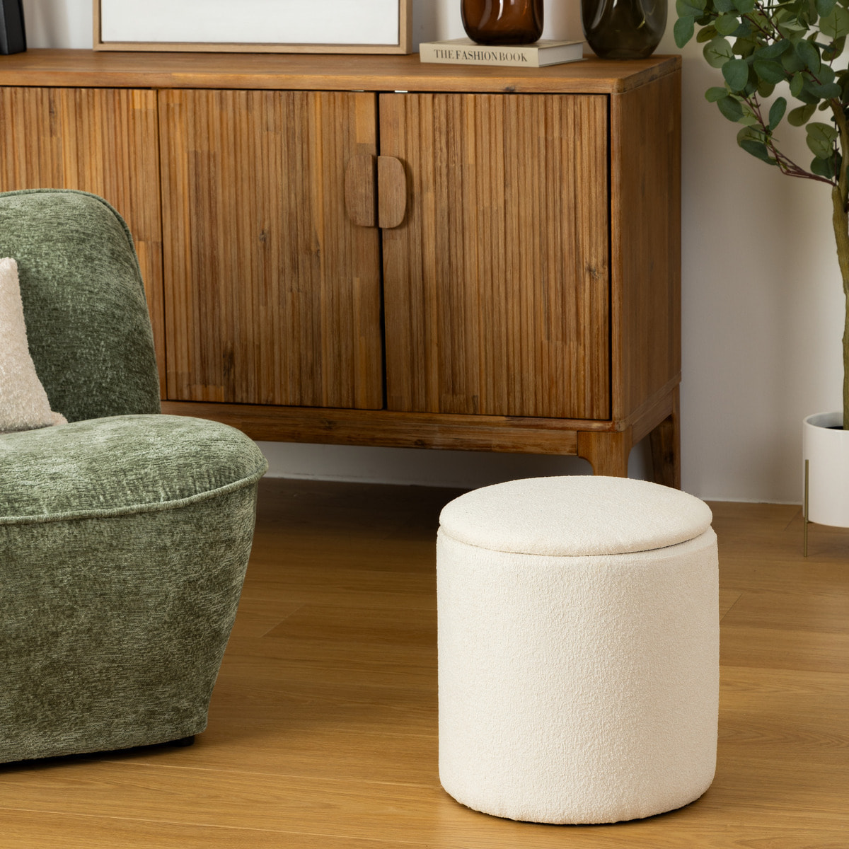 Pouf coffre bouclette Kaydi blanc D35cm