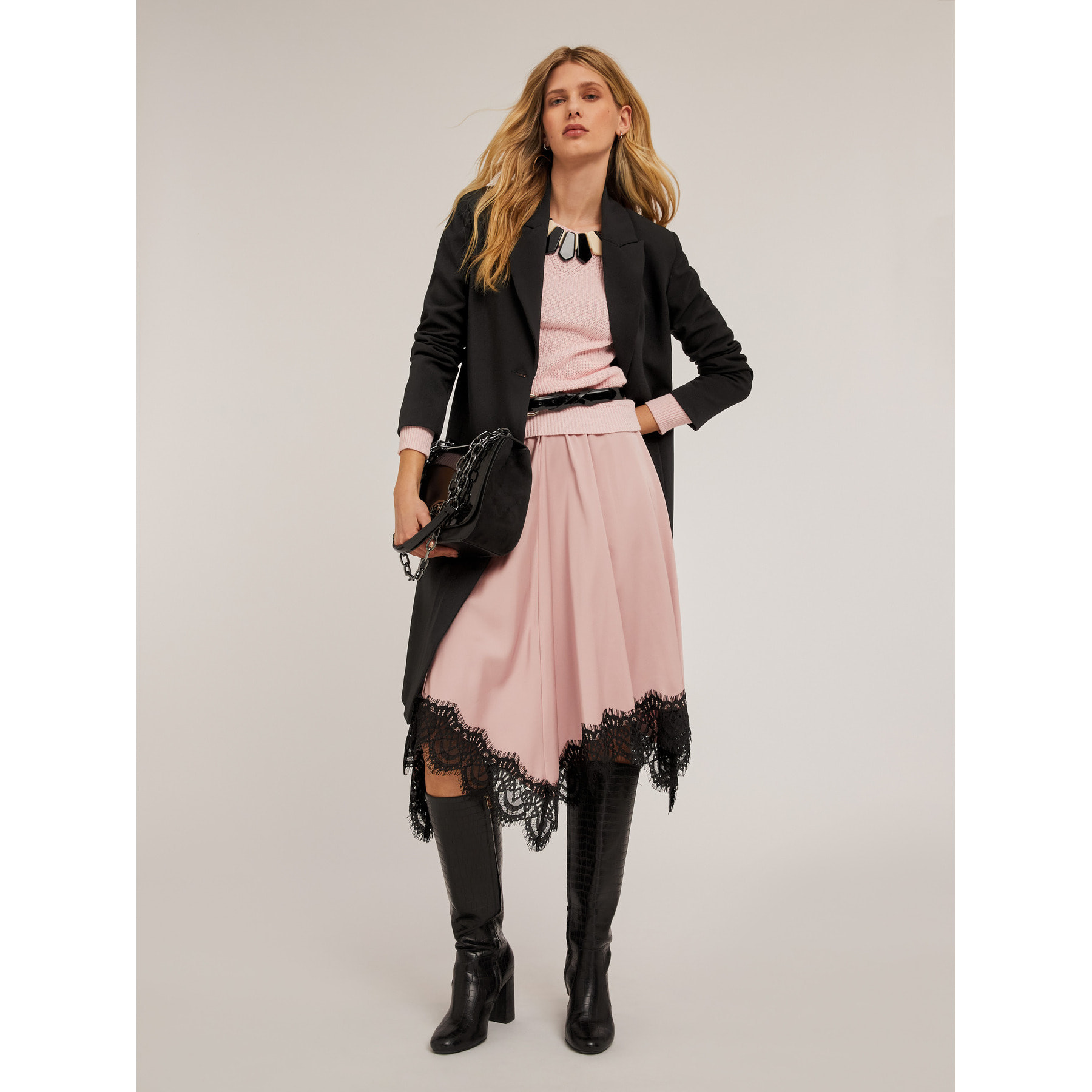 Motivi - Gonna in raso con bordo in pizzo - Rosa cipria