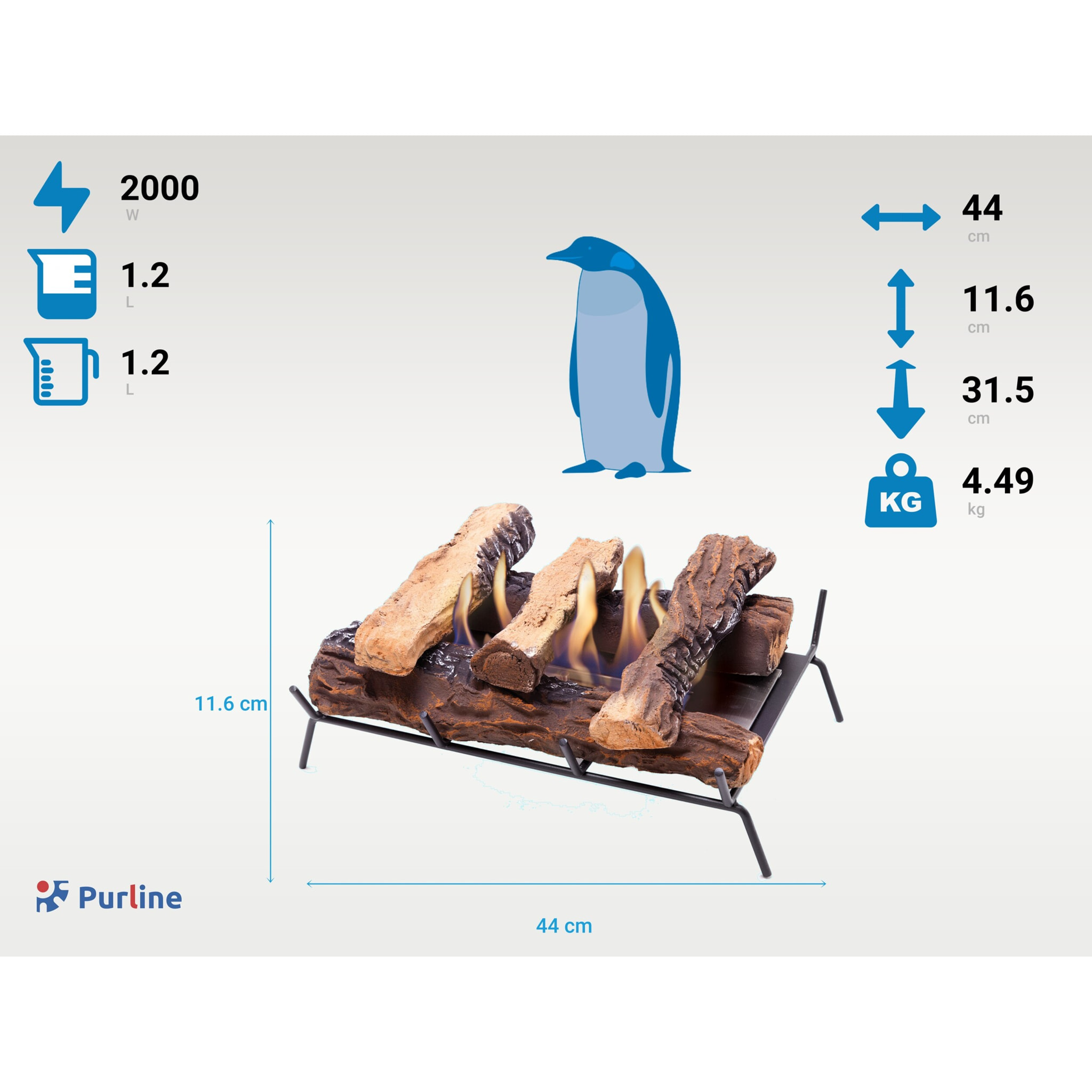 Bloc de combustion 2000W avec bûches décoratives