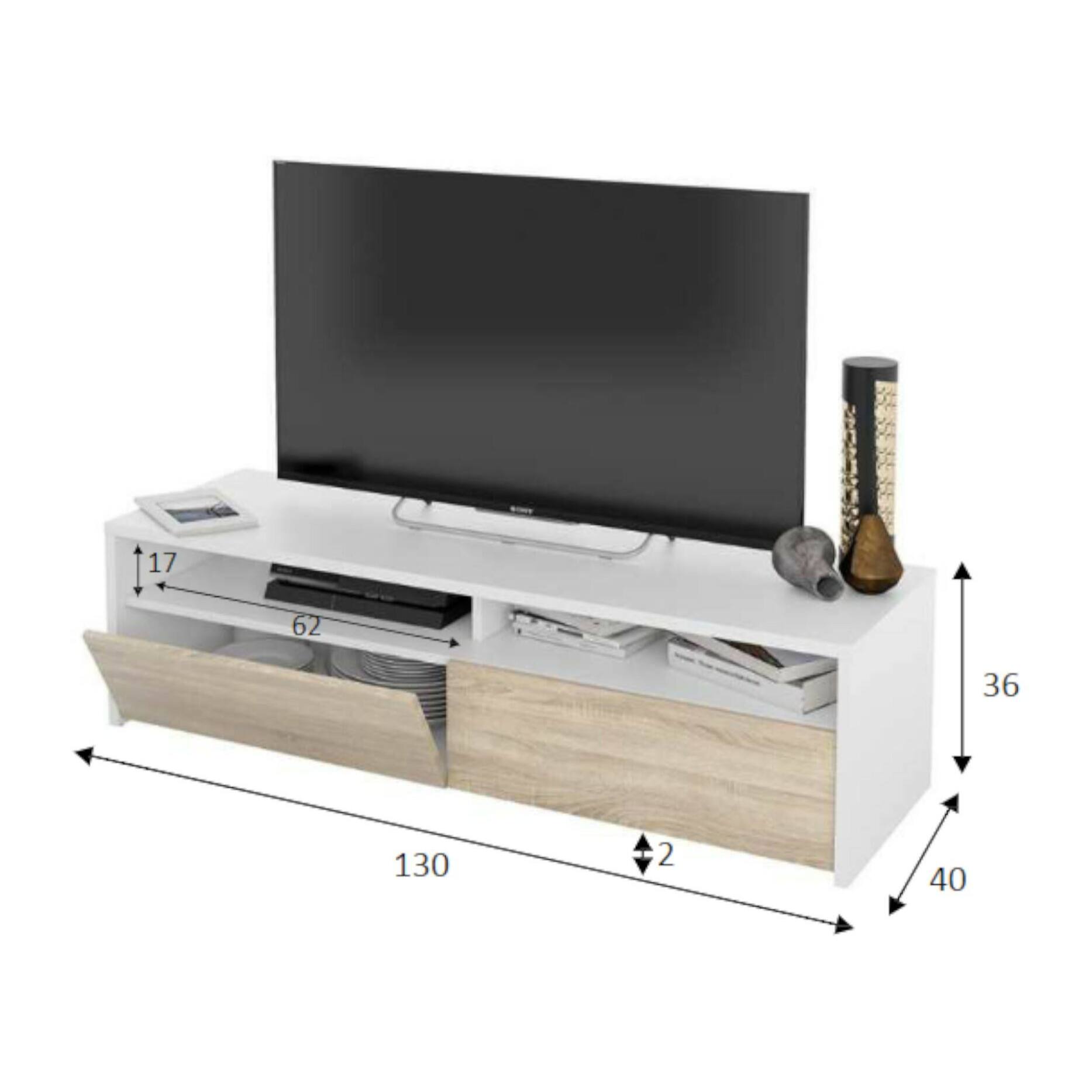 Mobile porta TV Henderson, Credenza per televisione da soggiorno con 2 ante, Supporto TV, Buffet moderno basso da salotto, cm 130x40h36, Bianco lucido