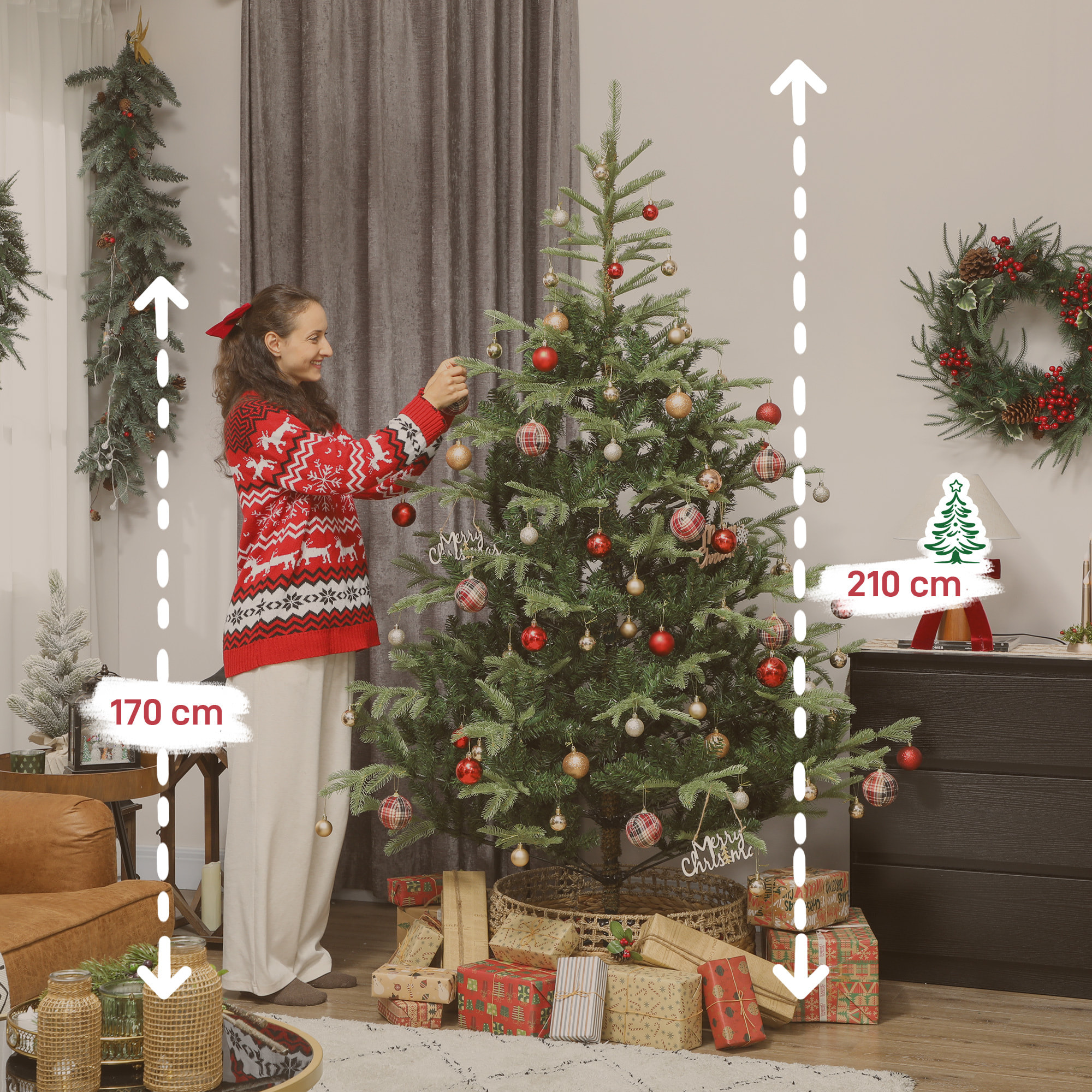 Árbol de Navidad Artificial 210 cm, Árbol de Navidad con 1123 Ramas Densas y Soporte Metálico Plegable, Fácil Montaje, para Salón, Interior, Verde