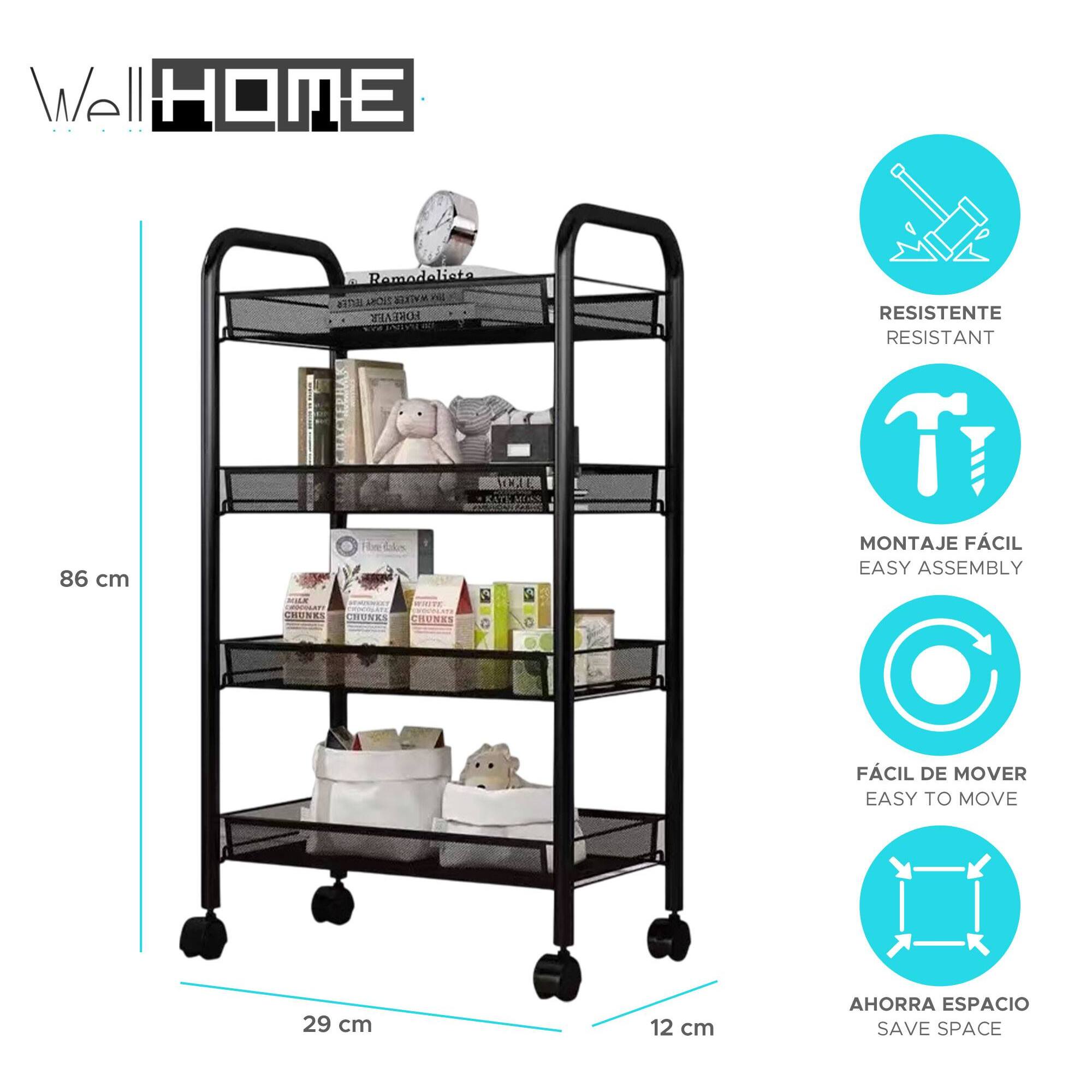 Estantería metálica de 4 baldas con ruedas 86x29x12cm