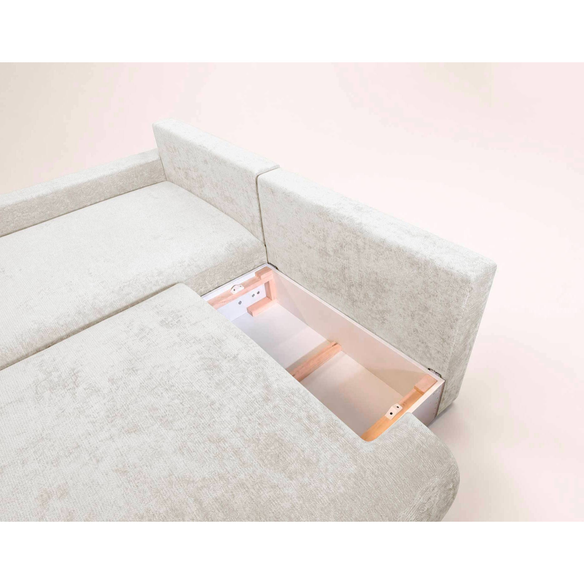 Pivoine - Canapé d'angle ouvert gauche 4 places convertible avec coffre en tissu texturé - Beige