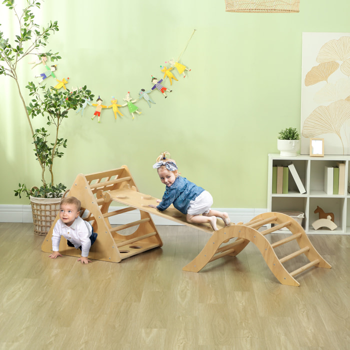 Triángulo de Escalada de Madera 8 en 1 Escalada para Niños de 18-48 Meses con Rampa Escalera de Arco y Bolsa de Arena 175x59,5x60 cm Natural