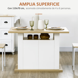 Isla de Cocina, para 4-6 Personas, Mueble de Cocina con 4 Puertas, Compartimentos Abiertos, Estante Ajustable, 110x70x75,5 cm, Roble y Blanco