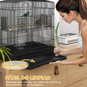 Jaula para Pájaros 46,5x36x59 cm Pajarera de Acero con Puertas 2 Comederos 2 Perchas Columpio Bandeja Extraíble y Asa de Transporte para Loro Canario Periquito Negro