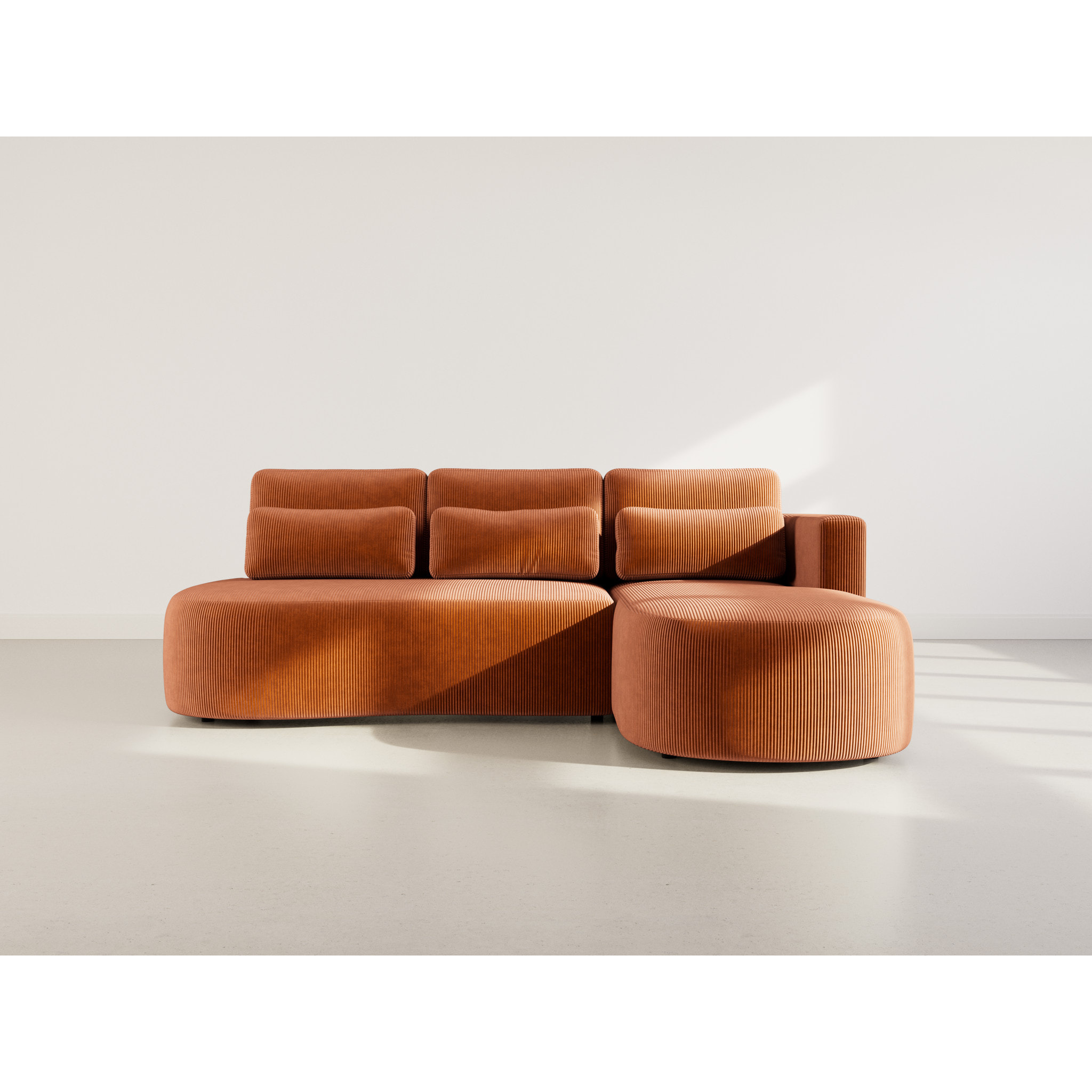 Mahina - canapé d'angle droit 4 places convertible avec coffre en velours côtelé - Terracotta