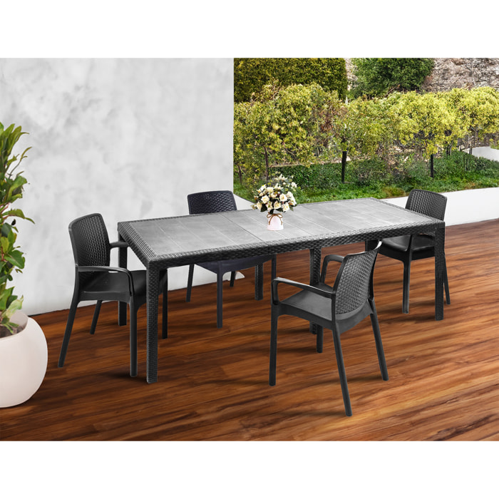 Tavolo da esterno Dantonaz, Tavolo rettangolare allungabile da pranzo con 4 sedie incluse, Tavolo e sedute da giardino effetto rattan, 100% Made in Italy, Antracite