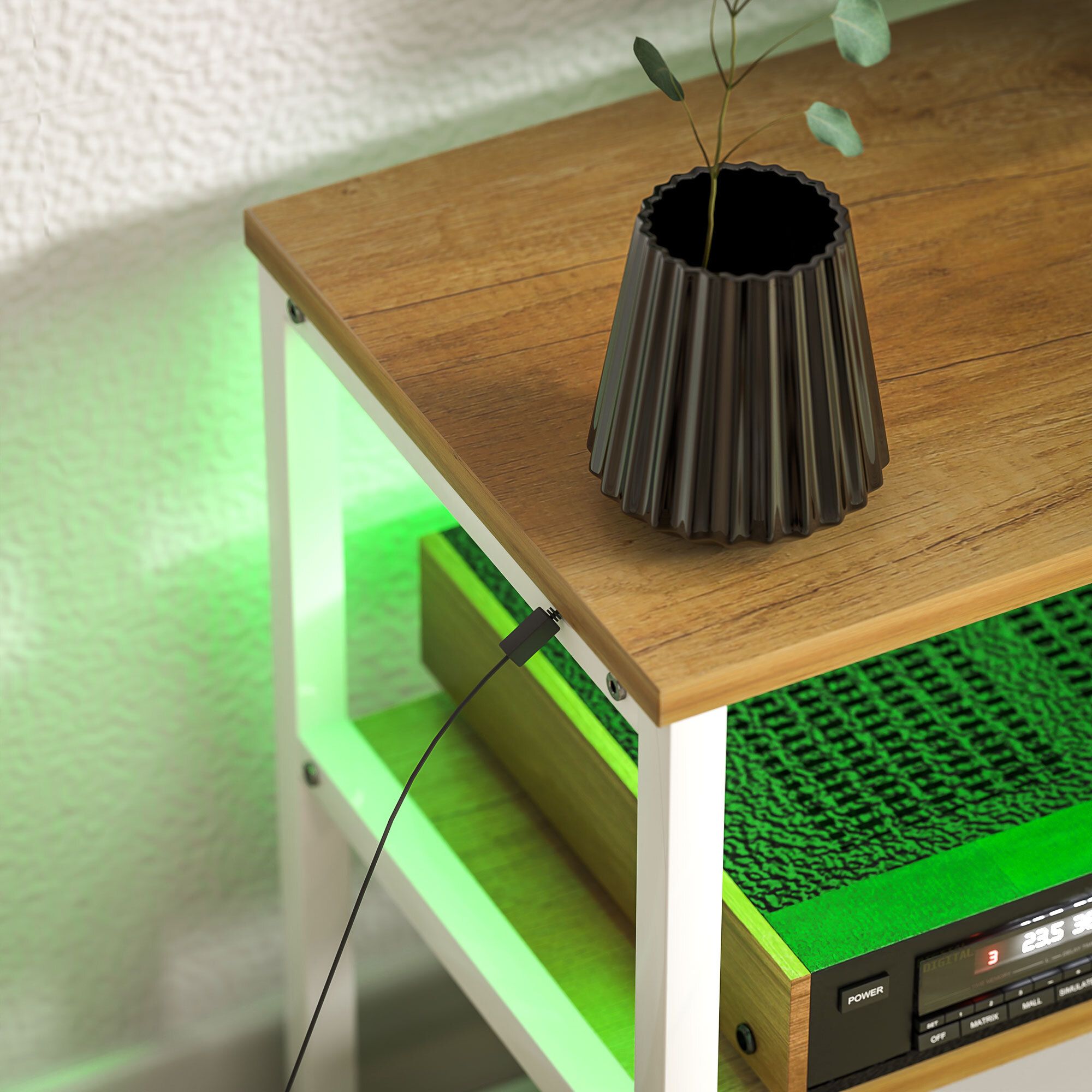 Mueble de TV Industrial Mueble de TV para Salón con Luces LED Control Remoto Extensión para Cargar y 2 Compartimentos Abiertos Mueble para Televisión de 65 Pulgadas 159x29x46,5 cm Natural