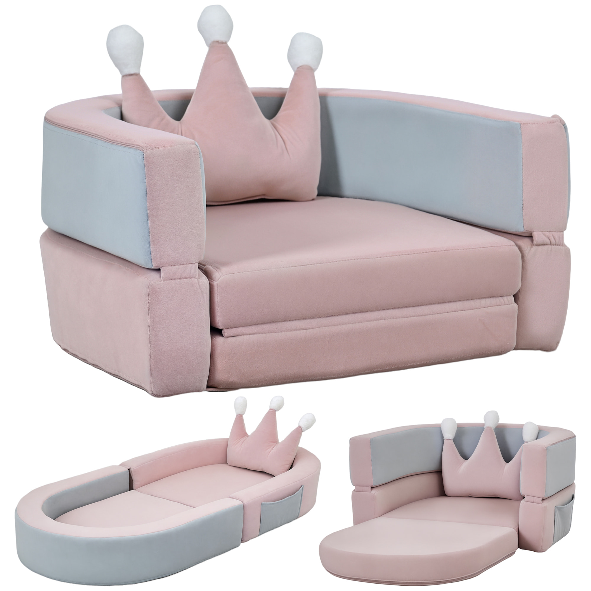 Sofá Infantil Convertible, Sofá para Niños con Cojín de Corona, Plegable en Cama y Zona de Juego, Tapizado de Terciopelo Suave, para Niños 18-36 Meses, Rosa y Azul Grisáceo
