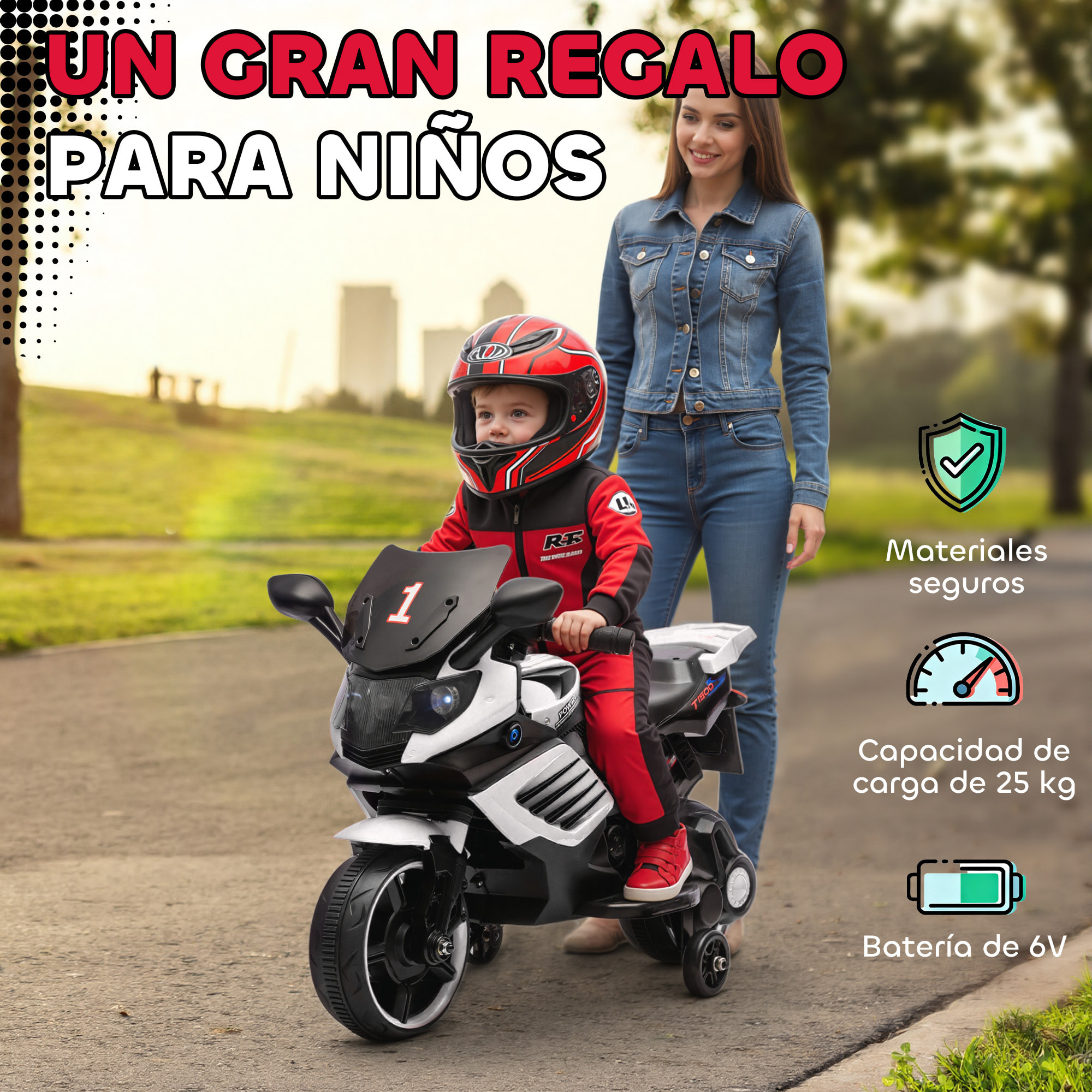 Moto Eléctrica para Niños 6V, Moto Eléctrica Infantil con Ruedas de Apoyo, Música, Faro, para Niños de 18-36 Mesas, Blanco
