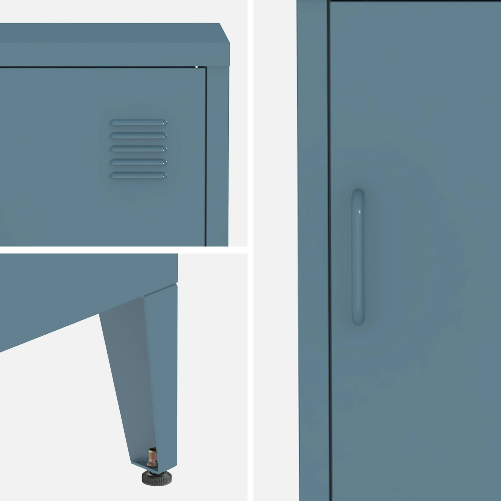 Table de chevet en acier bleu. 1 porte. casier