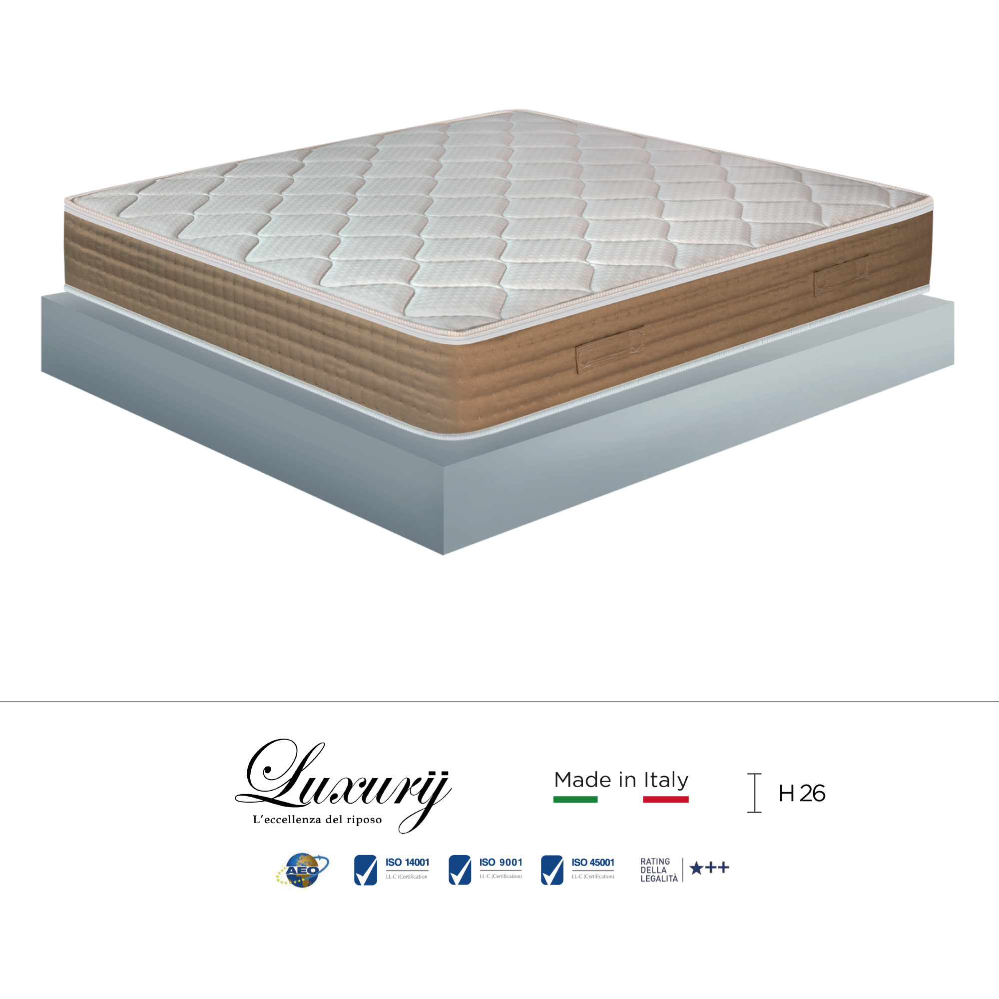 "Murano" H26 cm 140x200 2 guanciali Hydrogel OMAGGIO a molle insacchettate indipendenti ,7 zone a portanza differenziata arrotolato